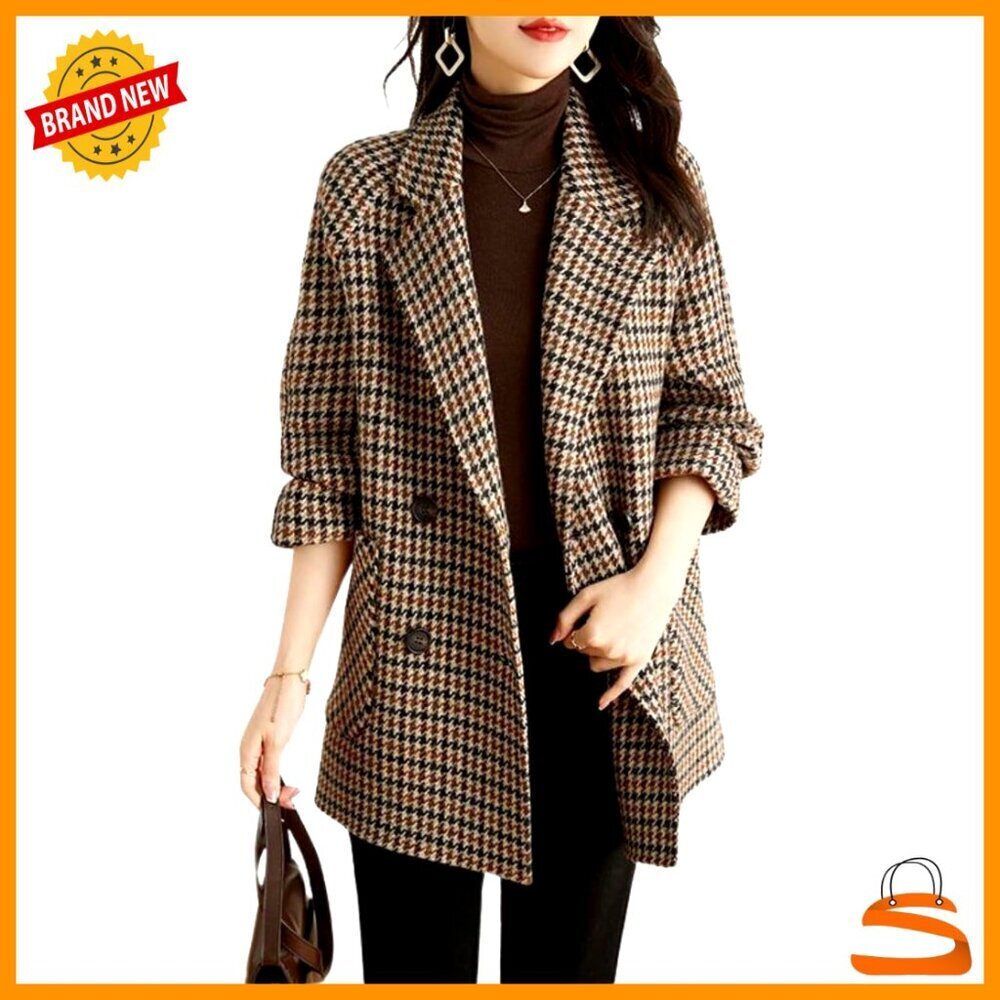 Wool Blend Pea Coat Double Breasted Houndstooth Notched Lapel Blazer Jacket